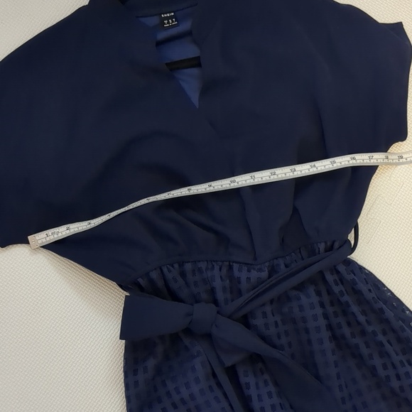 Navy Midi Dress Polka Dot Mesh Hem Detachable Belt Size M - Picture 12 of 15